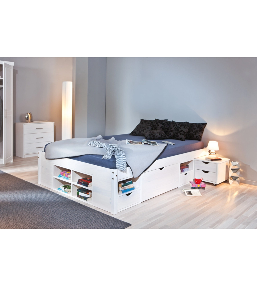 Letto matrimoniale con contenitori e comodini estraibili con ruote "Till" bianco 180x200 cm